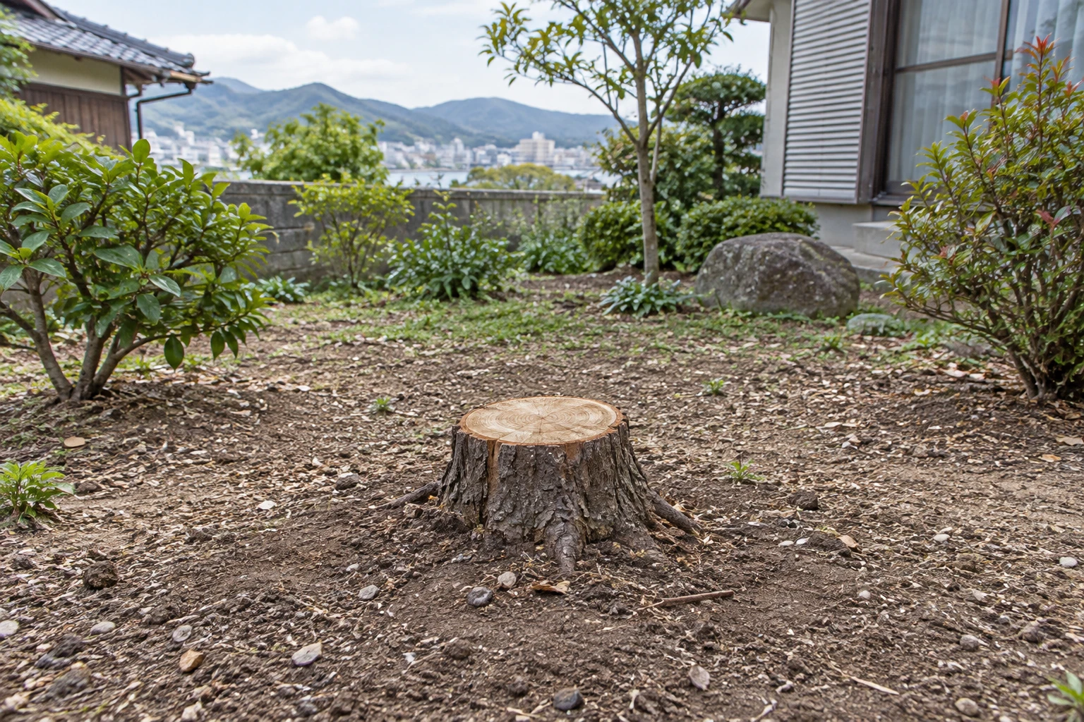 庭に残る切り株と周囲の作業スペース