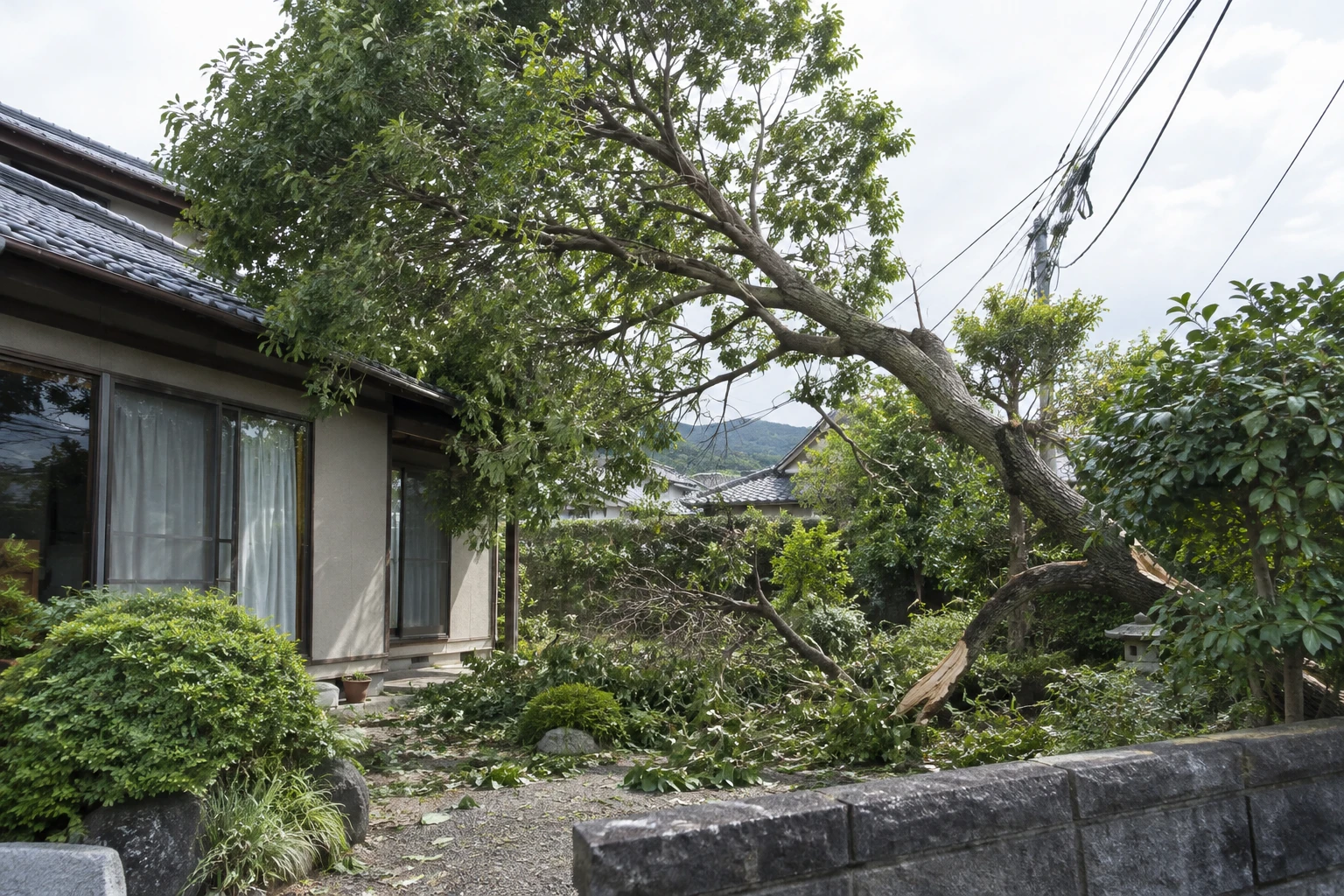 台風後、出雲市で倒れそうな木を見つけたらに関連する庭の風景