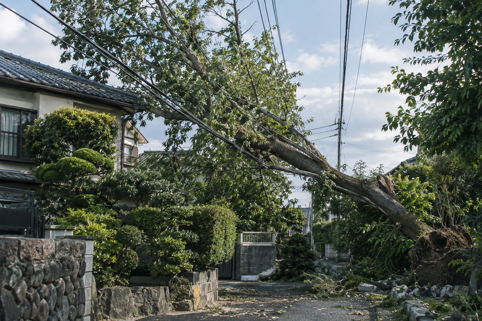 下関市で台風の倒木が電線にかかったらに関連する庭の風景