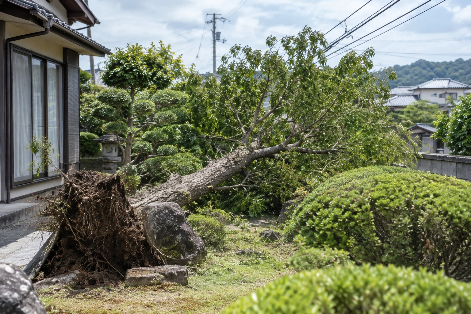 台風で木が倒れたらに関連する庭の風景
