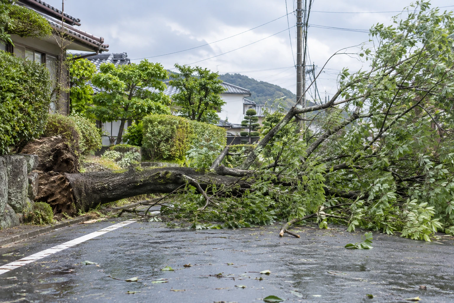 台風で倒木が道路をふさいだらに関連する庭の風景