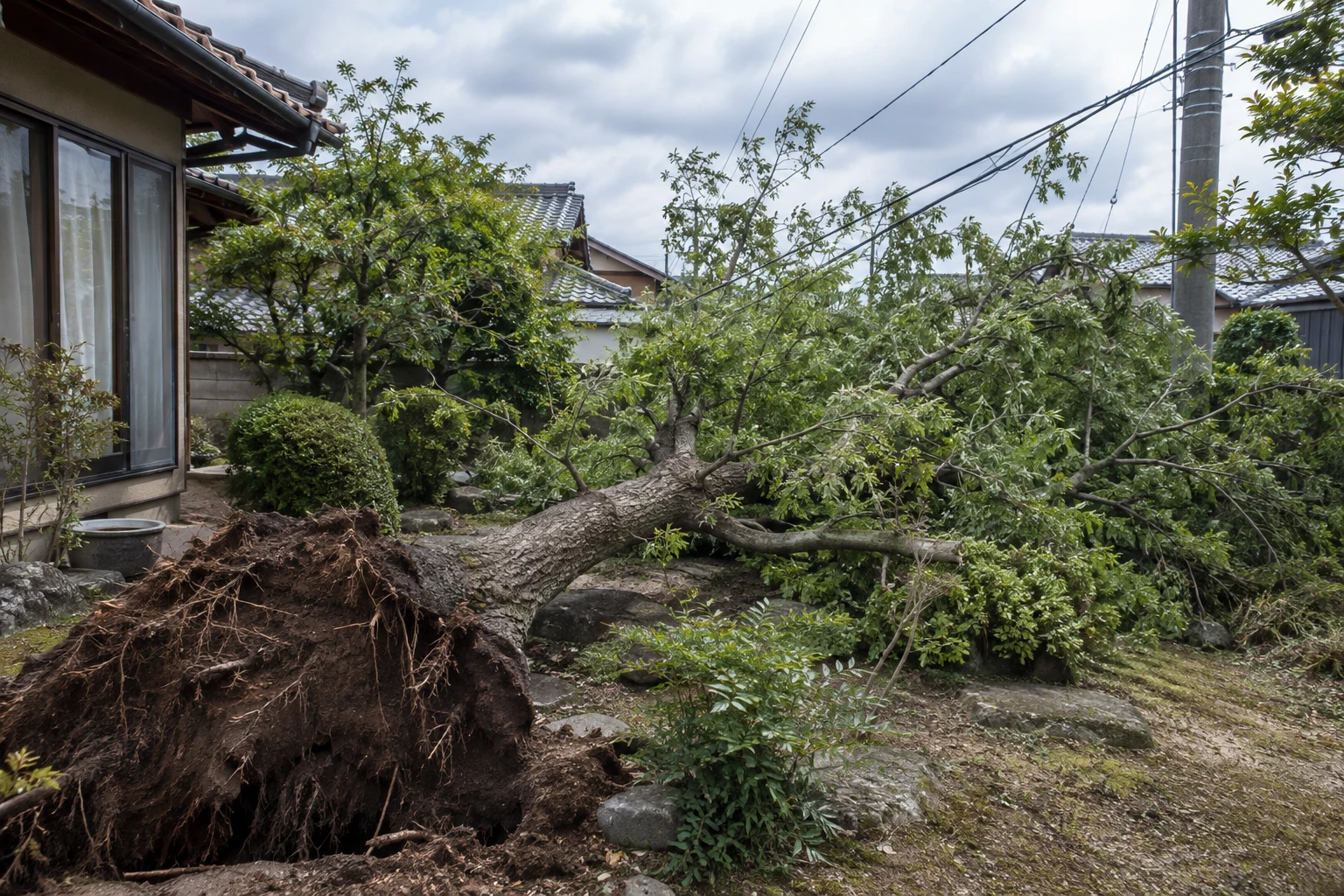 台風で庭木が倒れたらに関連する庭の風景