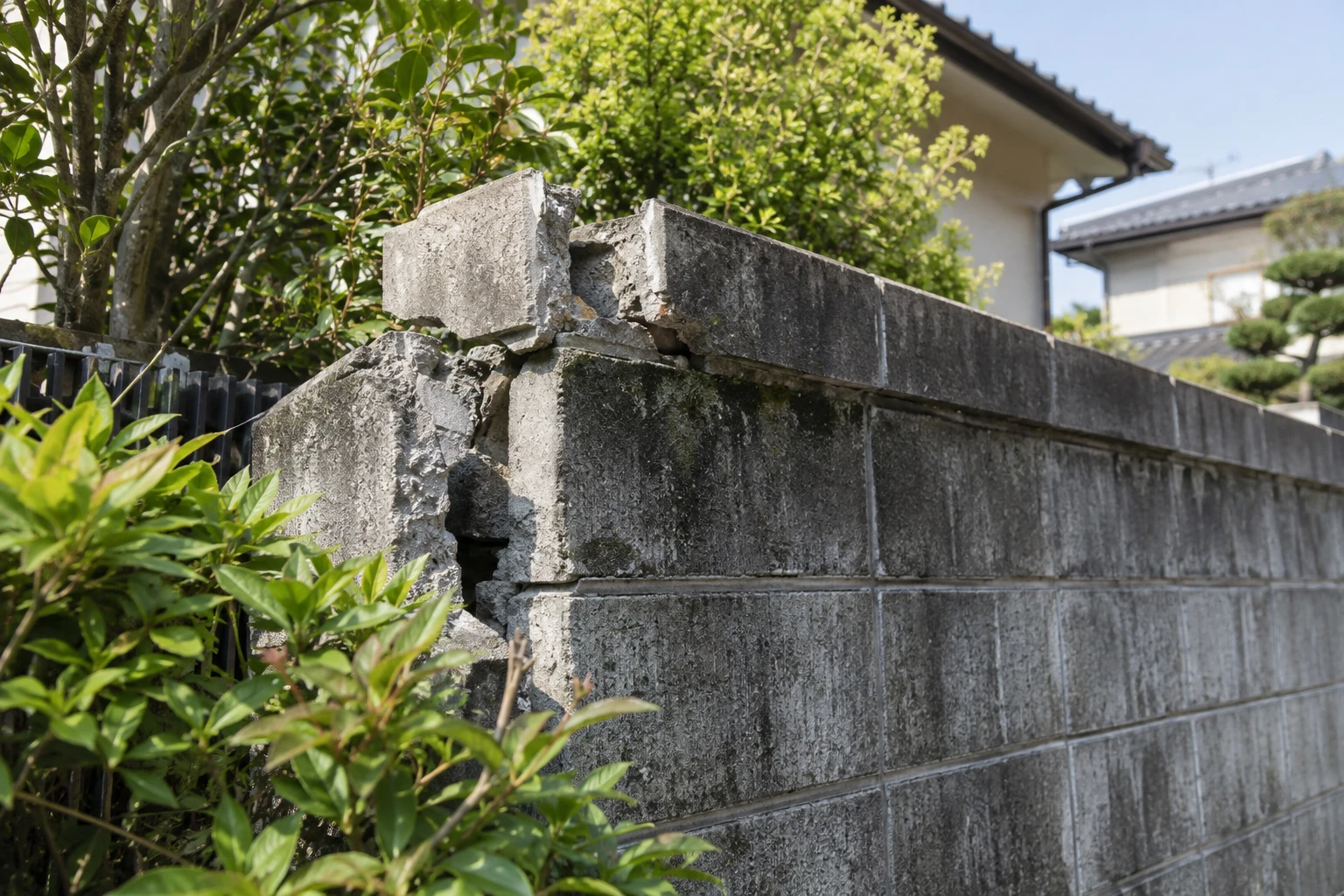 傾きや崩れが見える塀は、触らず専門窓口へに関連する庭の細部