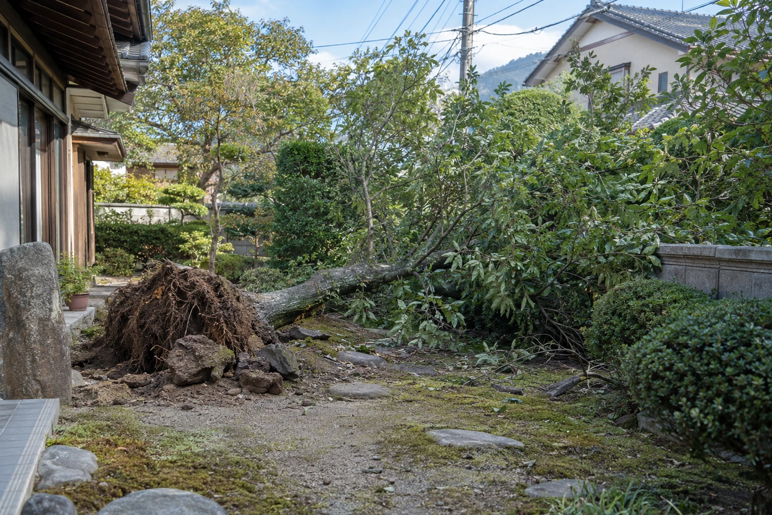 下関市で地震により庭木が倒れたらに関連する庭の風景