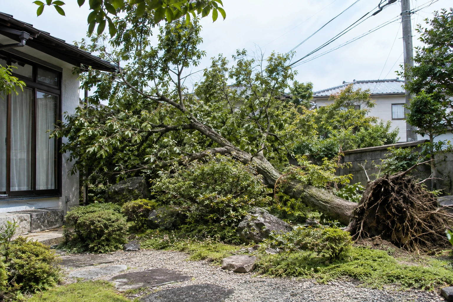 強風で庭木が倒れたらに関連する庭の風景