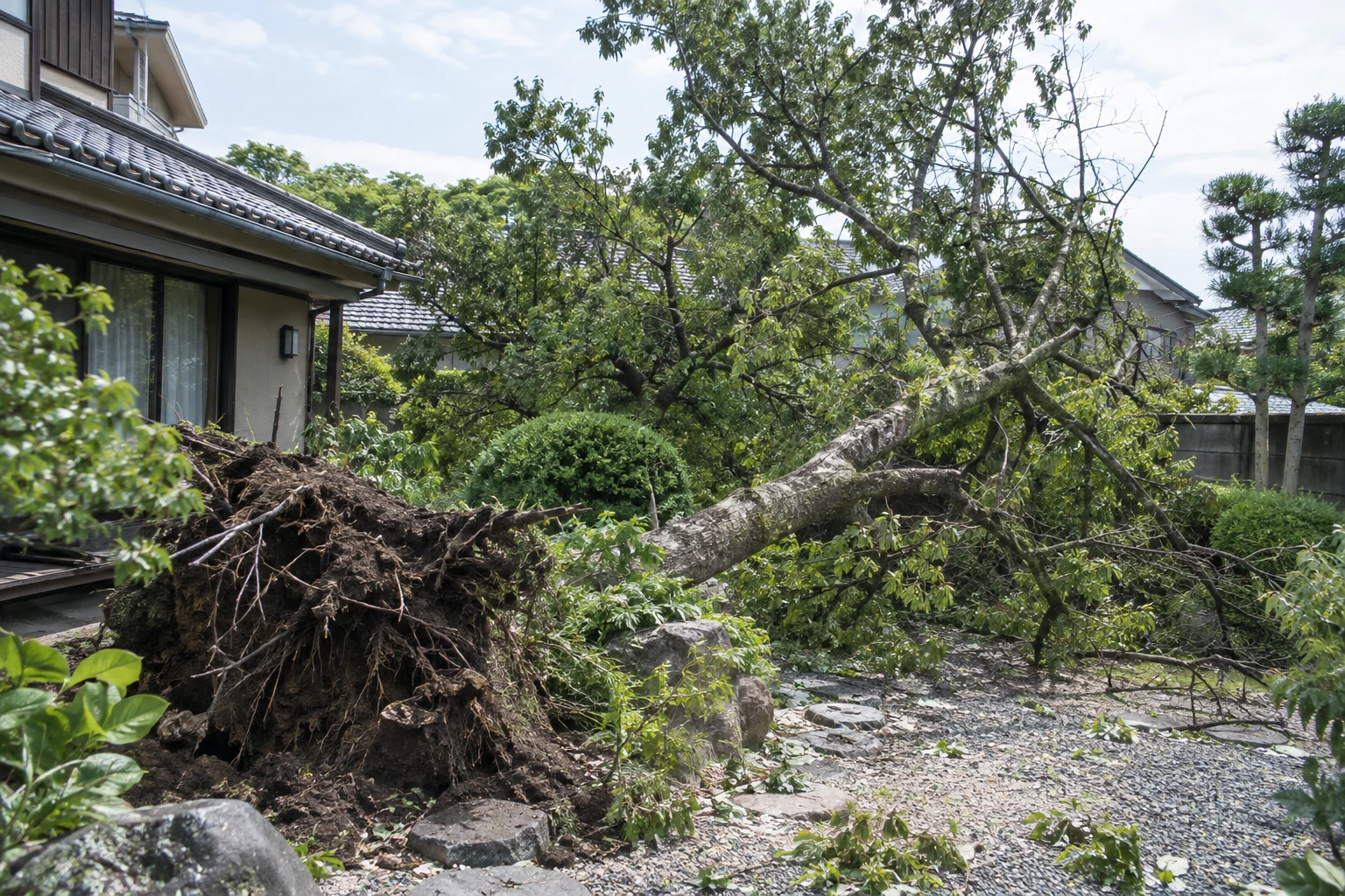 下関市で災害後の倒木を見つけたらに関連する庭の風景