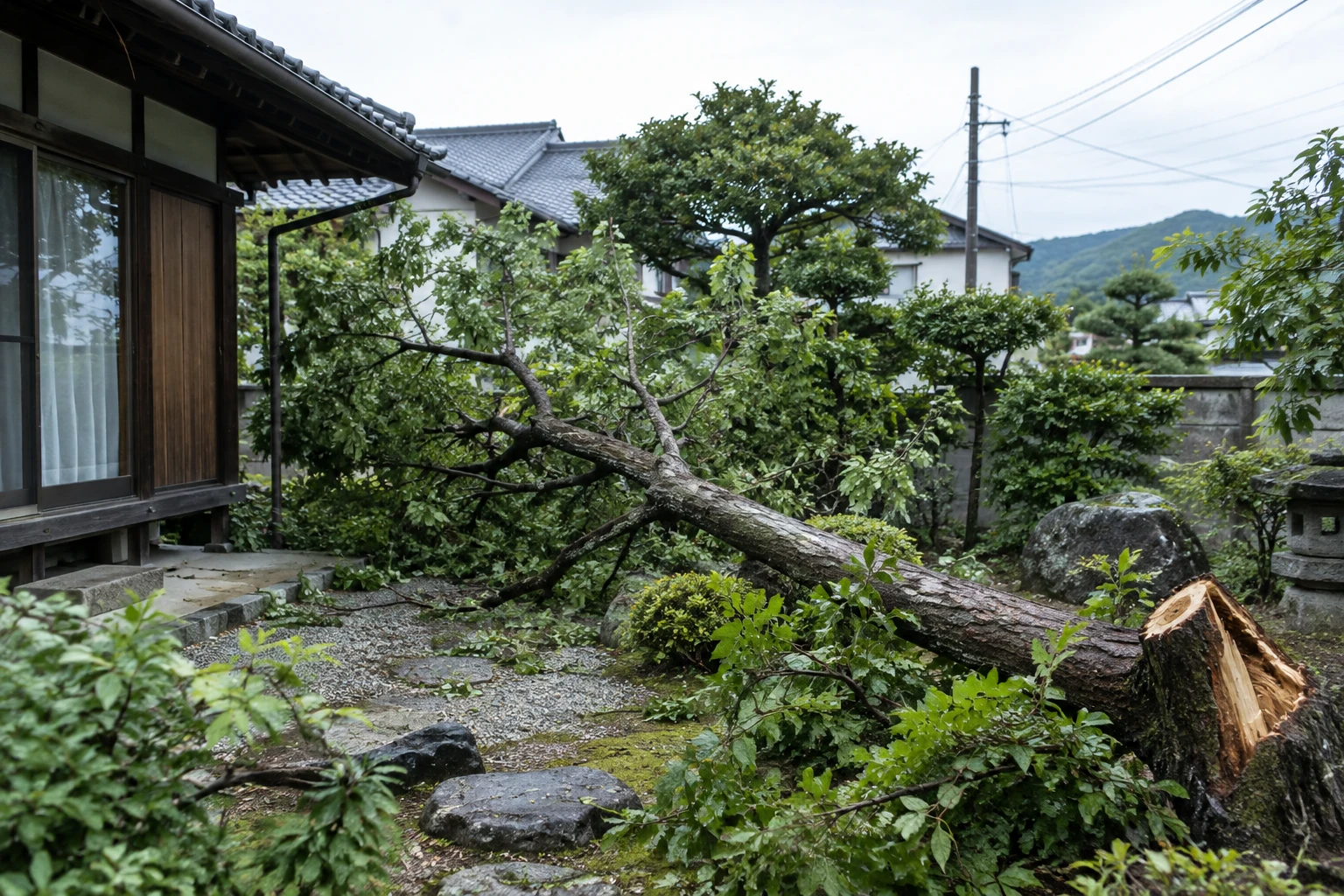豪雨後の倒木を倉敷市で撤去するにはに関連する庭の風景