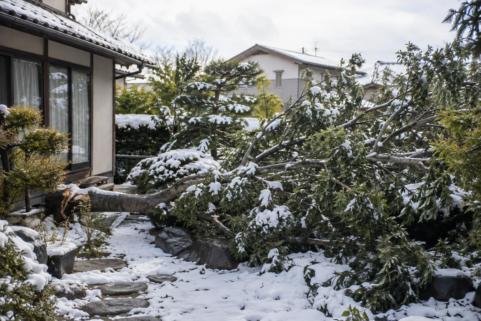 雪で庭木が倒れたらどうするに関連する庭の風景