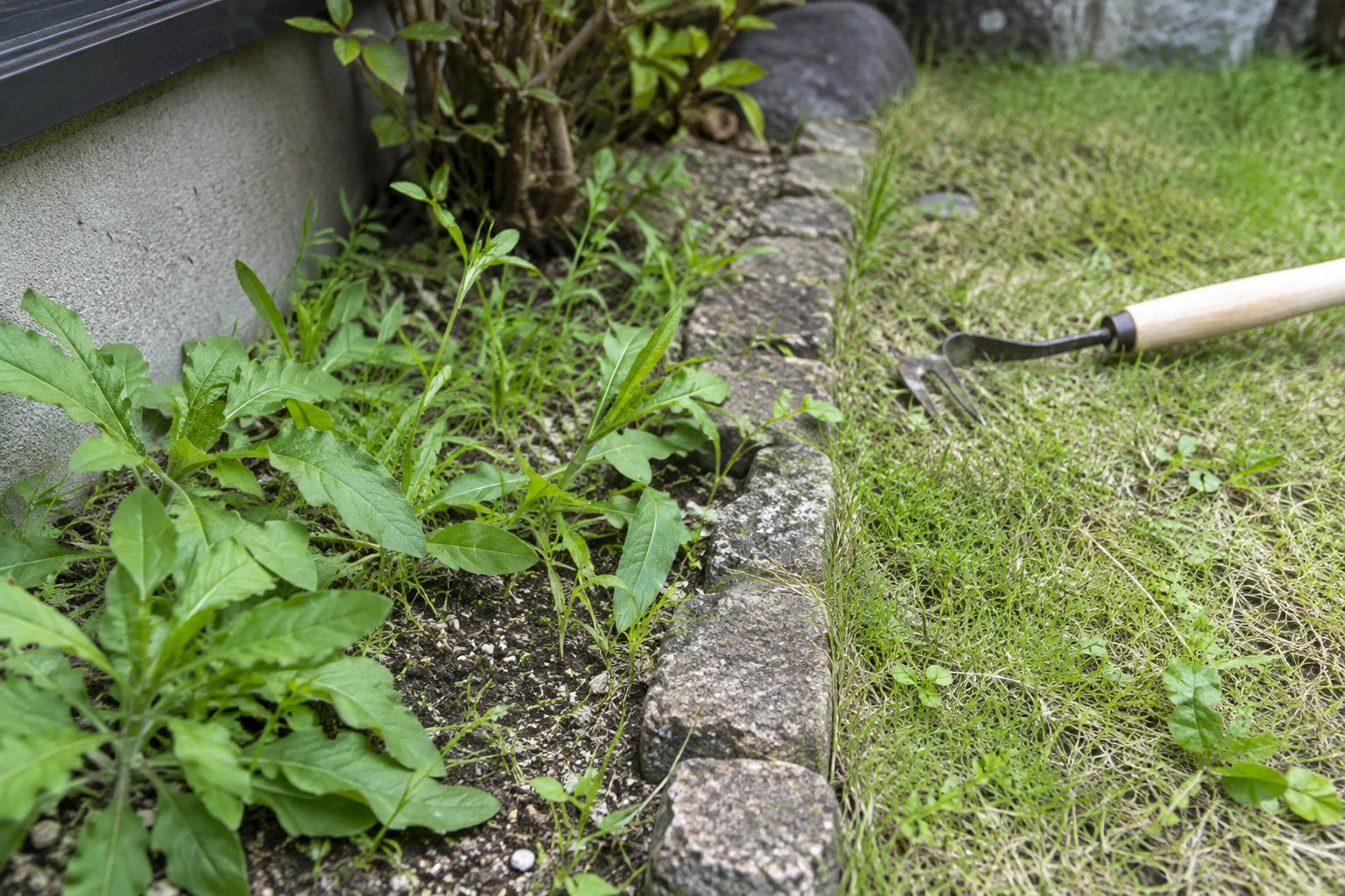 手で抜く場所と短く刈る場所を伝えるに関連する庭の細部