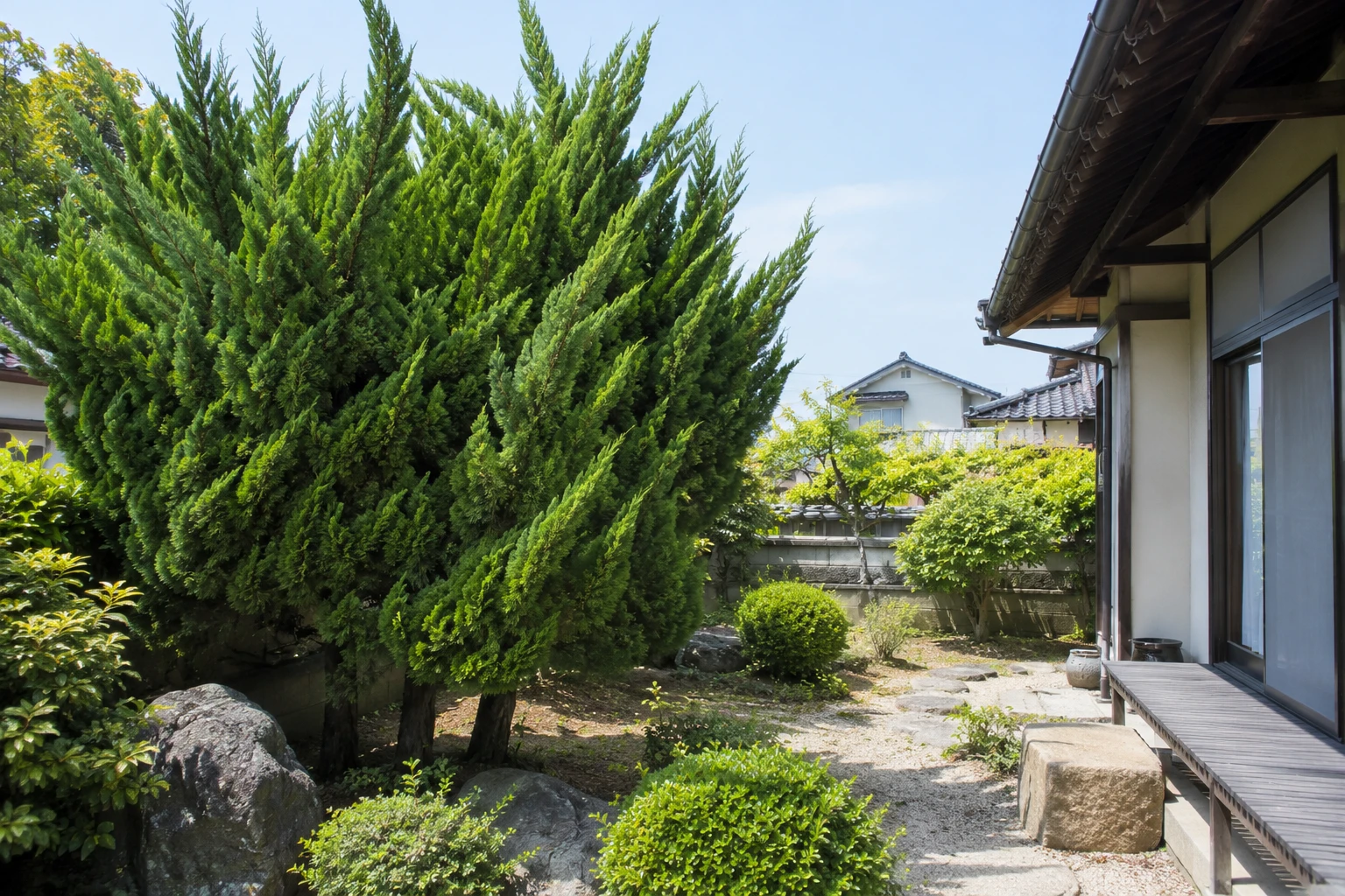 岡山でカイヅカイブキの剪定を頼む前にに関連する庭の風景