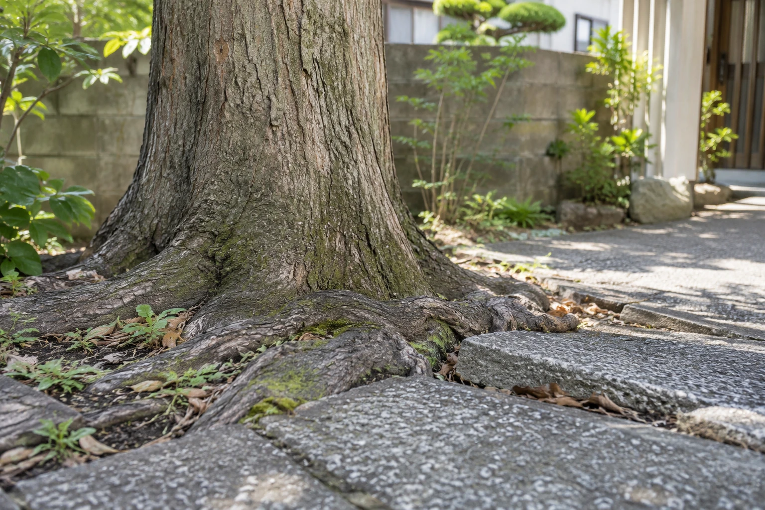 ケヤキの特徴と、根元・舗装の状態を分けて見るに関連する庭の細部
