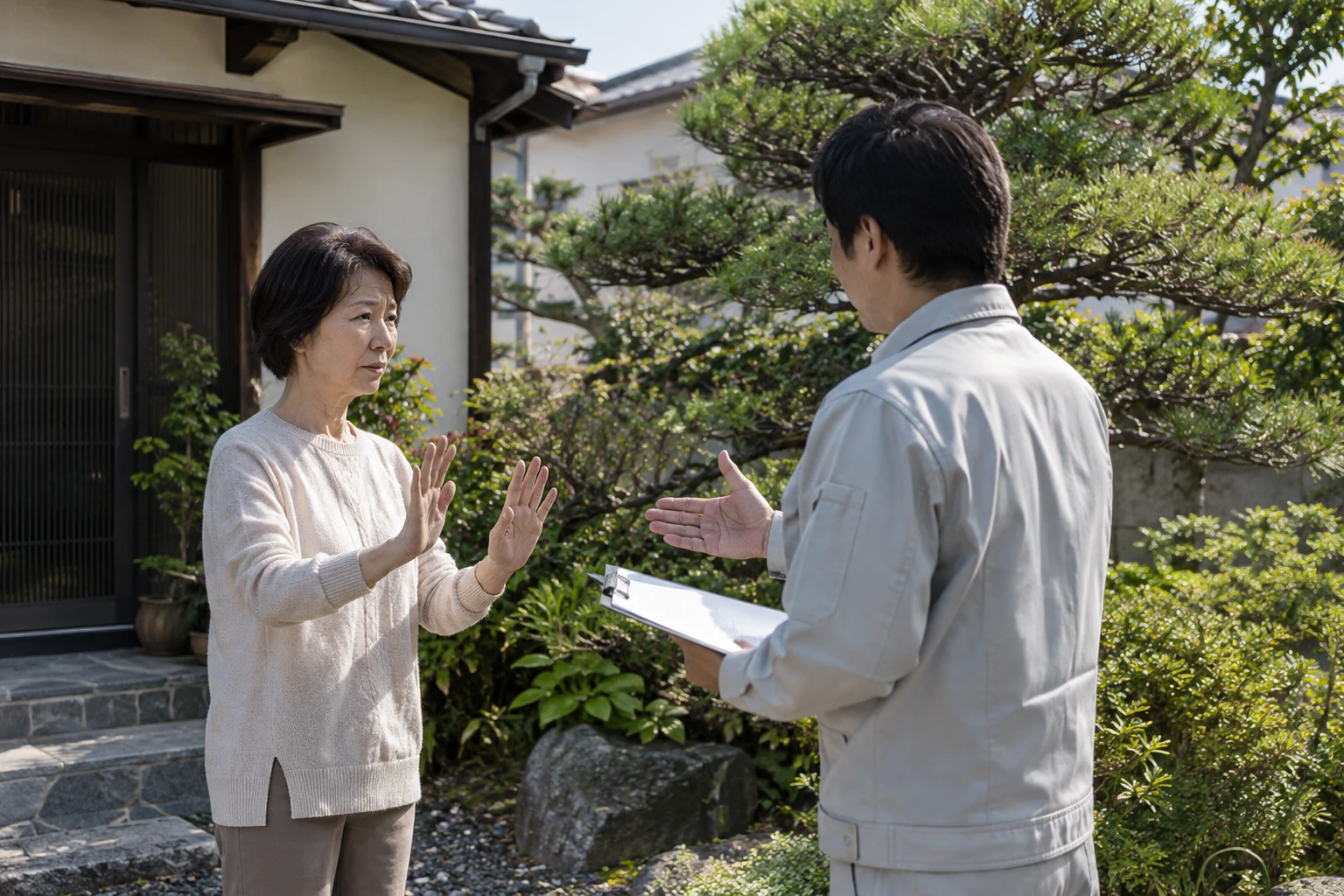 出雲市で剪定の営業がしつこいときの断り方と、契約前後の確認に関連する庭の風景