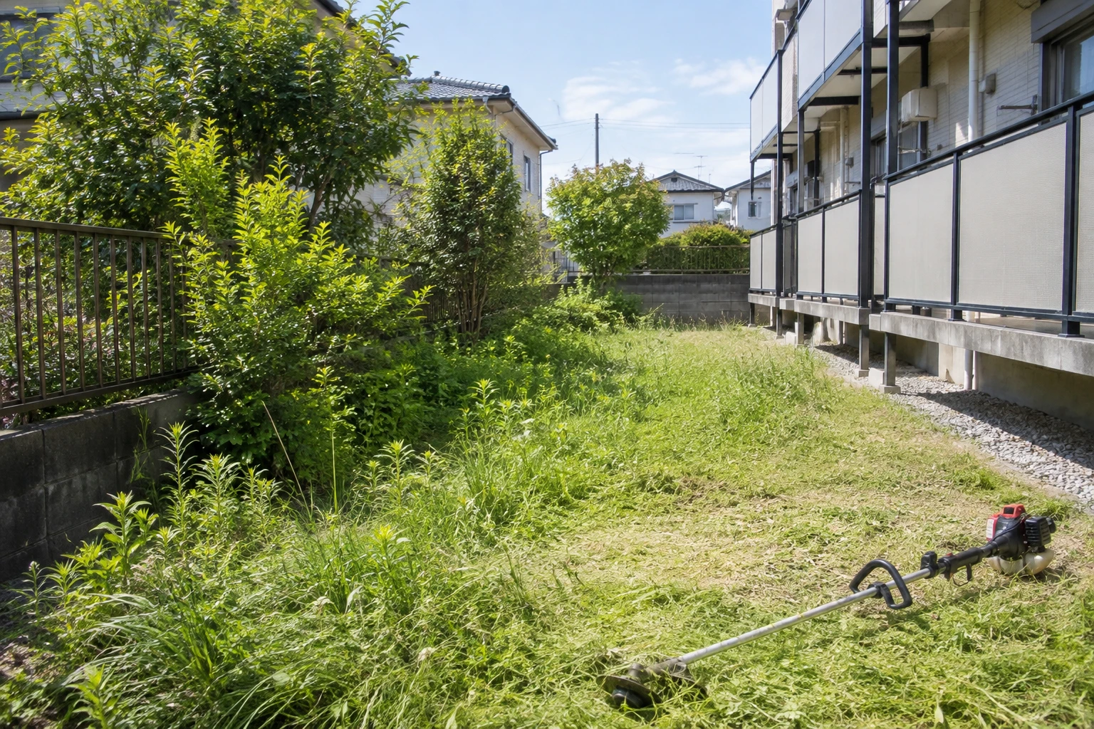 岡山市のアパートの定期草刈りに関連する庭の風景