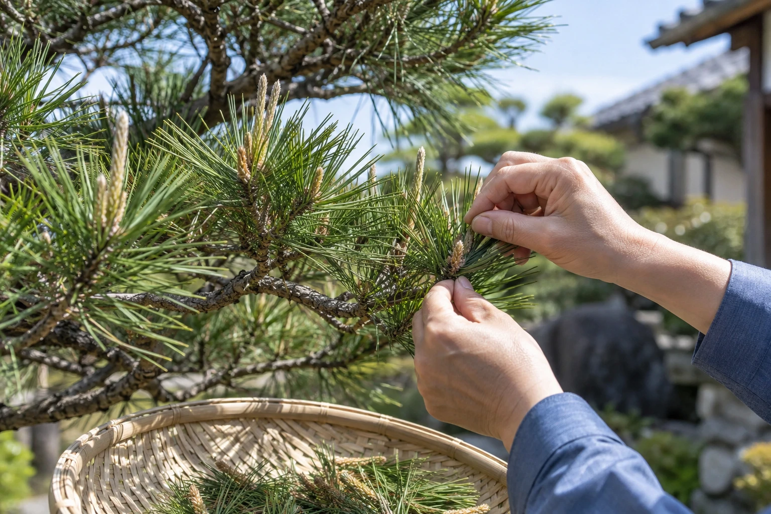春は新芽摘み、秋は枝や葉を整えるに関連する庭の細部