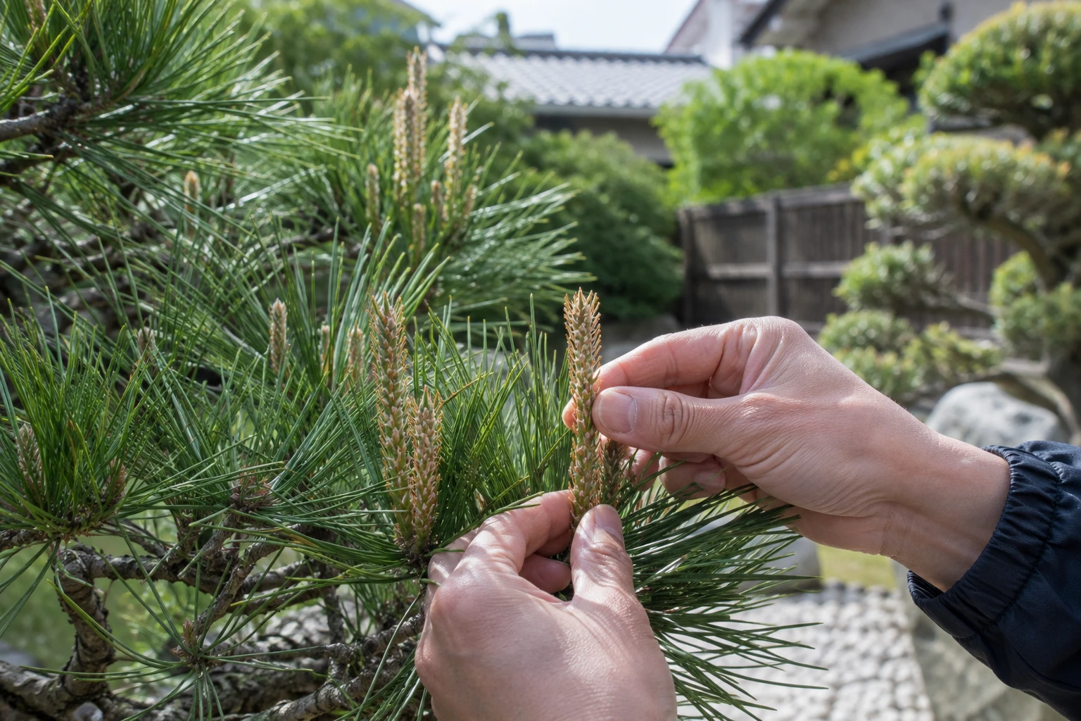 春の芽摘みは新芽の伸びに合わせて行うに関連する庭の細部