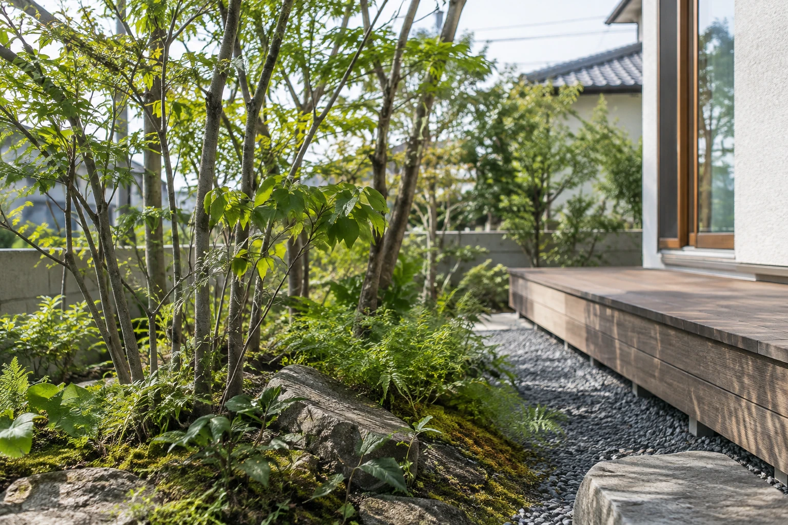 庭全体の木立と、一部への植栽を比べるに関連する庭の細部