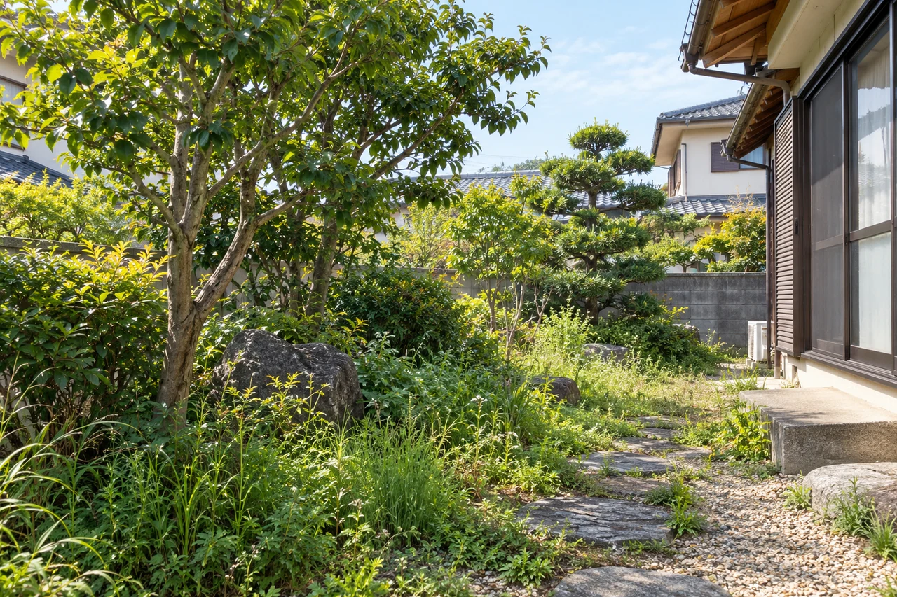 家のそばに庭木や植栽がある庭のイメージ