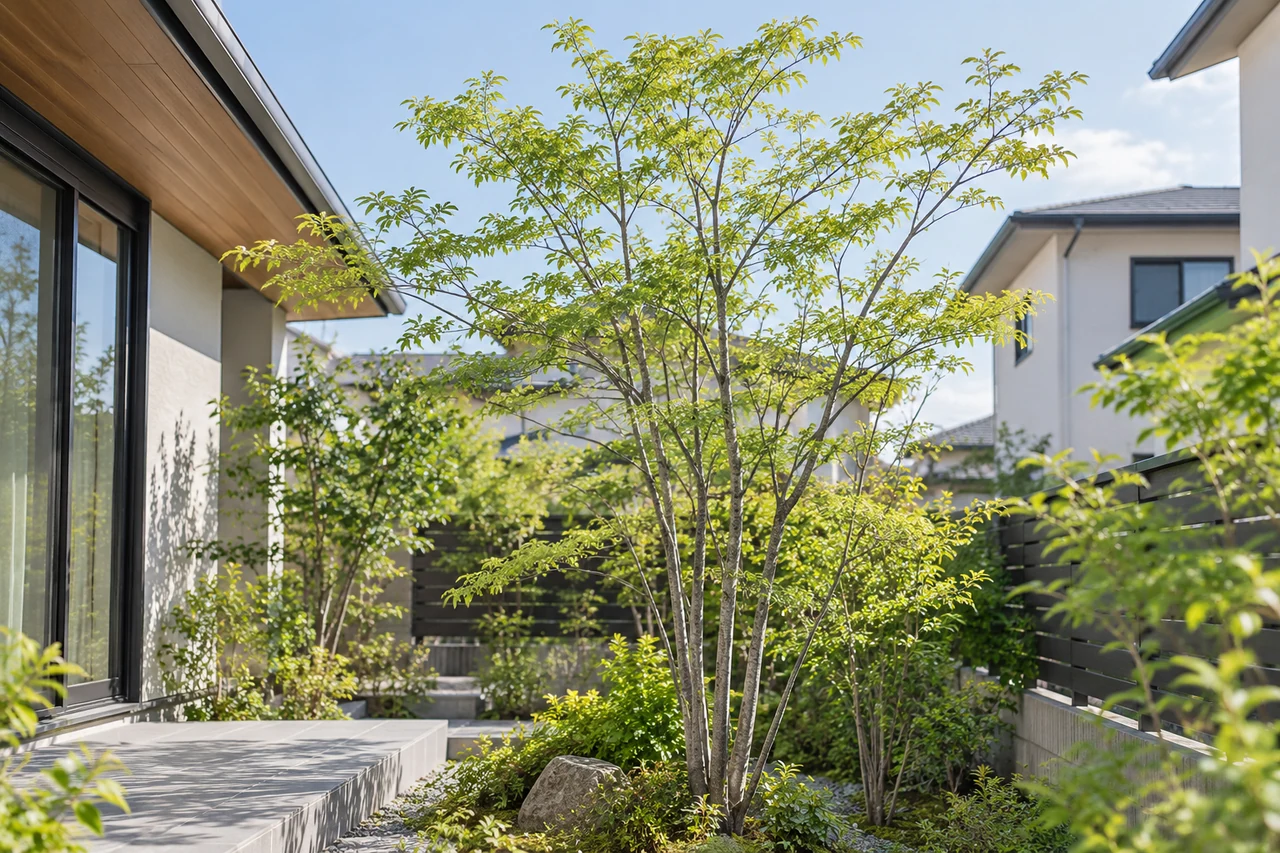 住宅のそばに枝葉が広がる庭木のイメージ