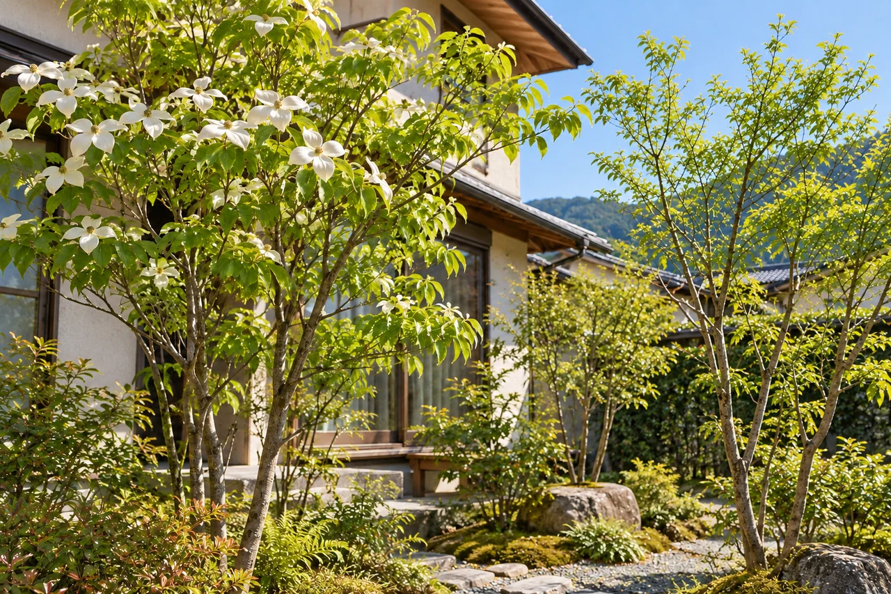 住宅の庭に葉を広げる庭木のイメージ