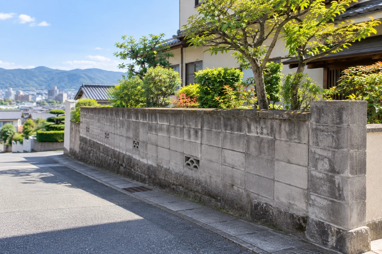 道路沿いの住宅とブロック塀のイメージ