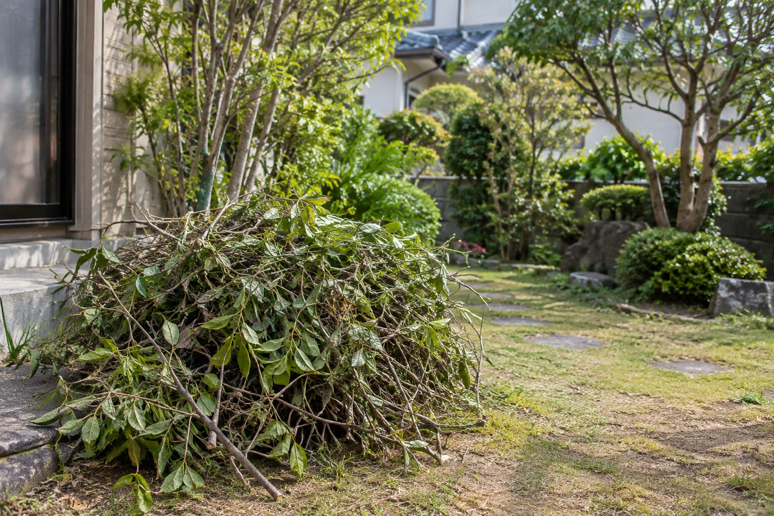 庭の端にまとめられた剪定枝と庭木