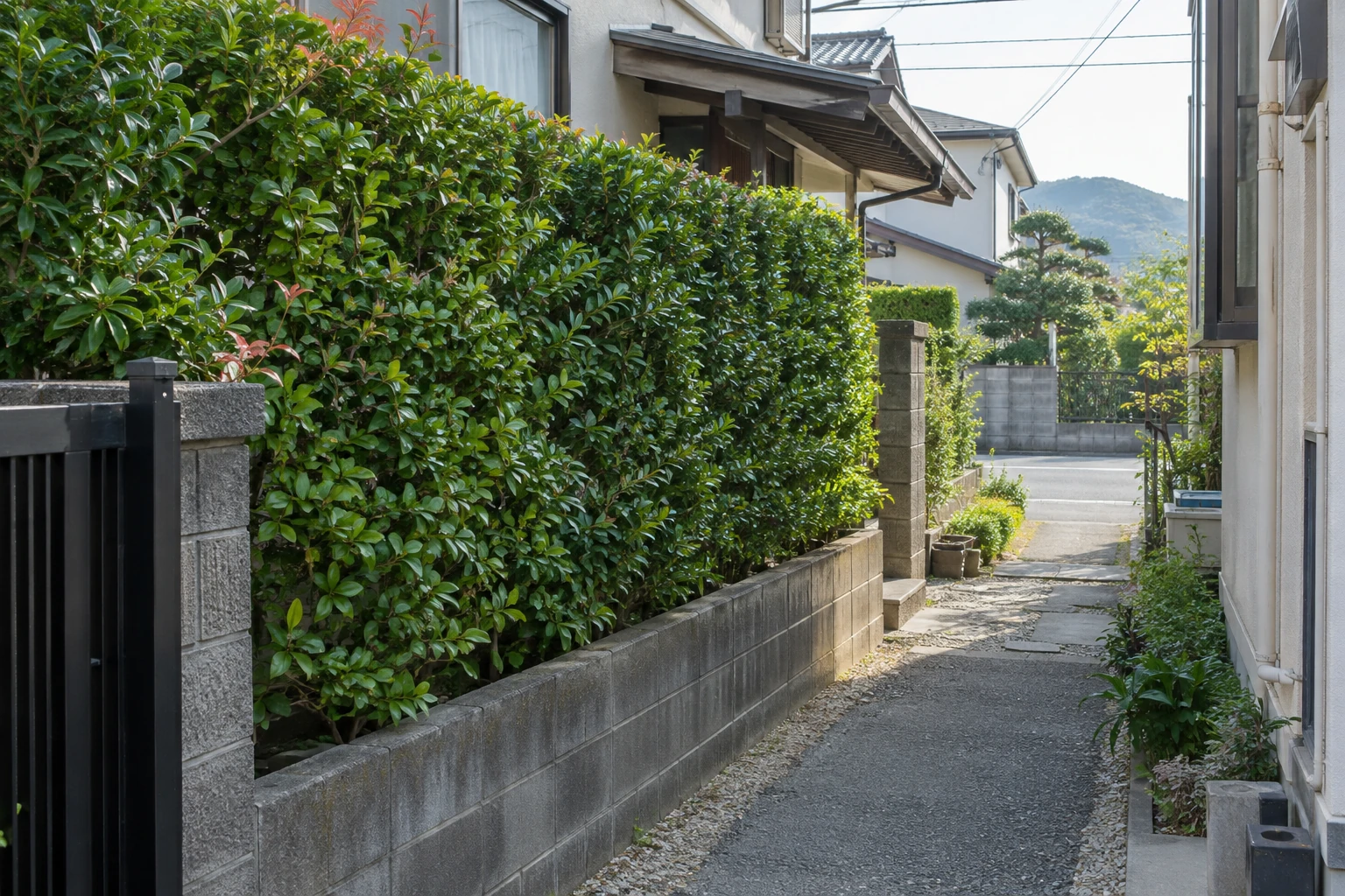 生垣の脇にある通路と塀