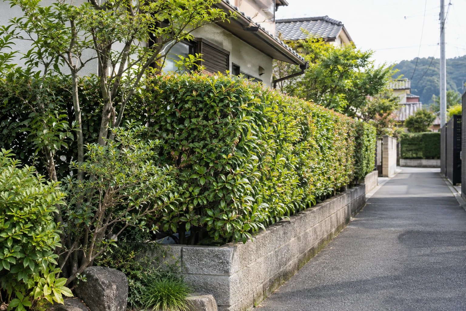 住宅の敷地境界に沿う生垣と通路