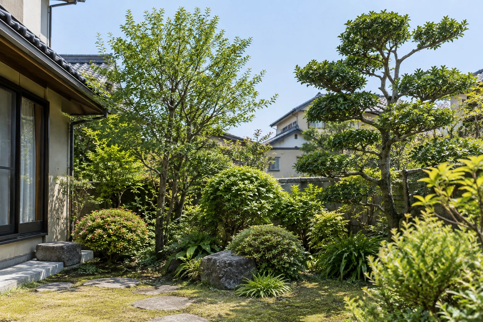 岡山市の住宅の庭にある庭木と周囲の様子