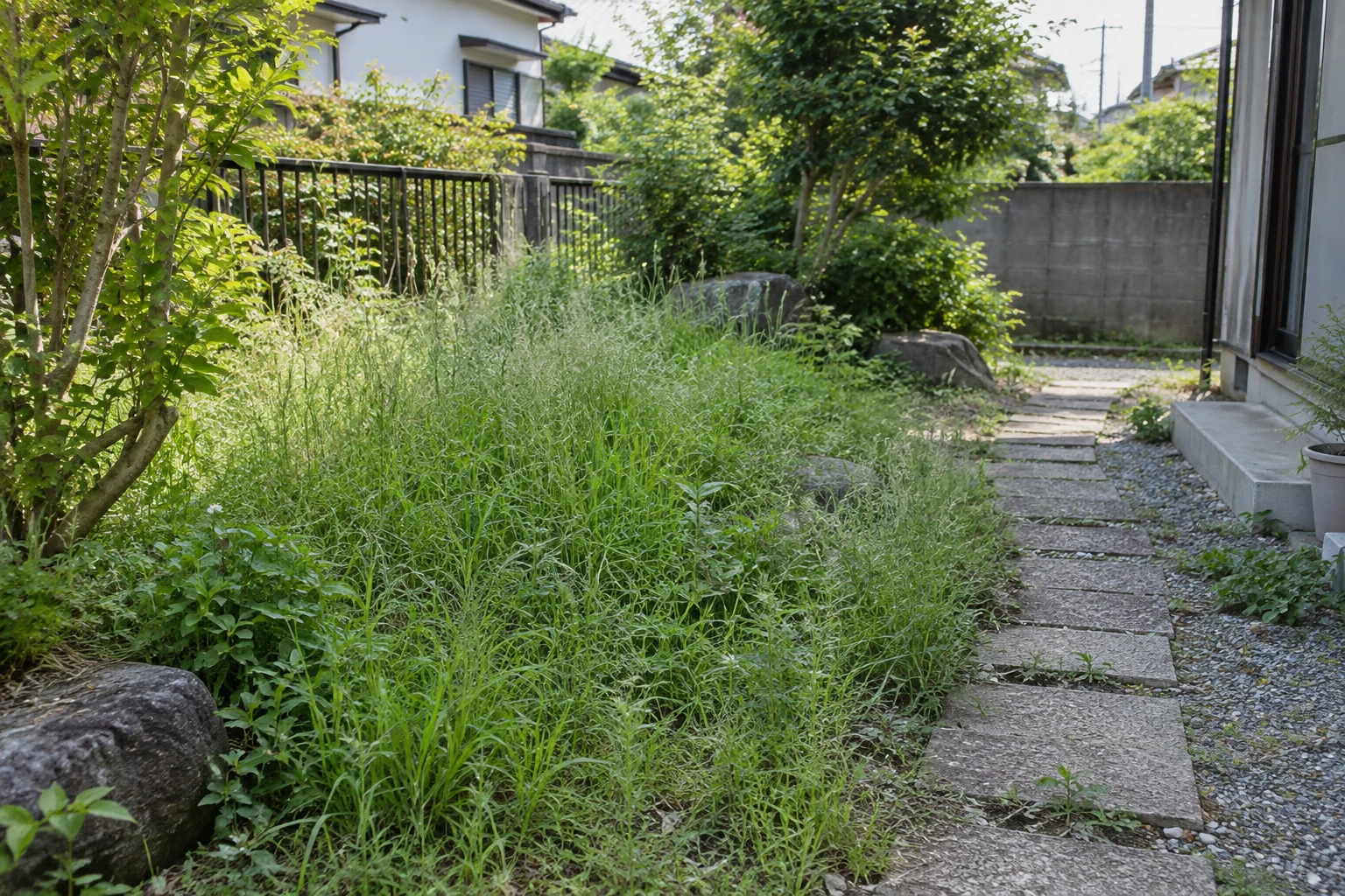 通路沿いに草が伸びた住宅の庭