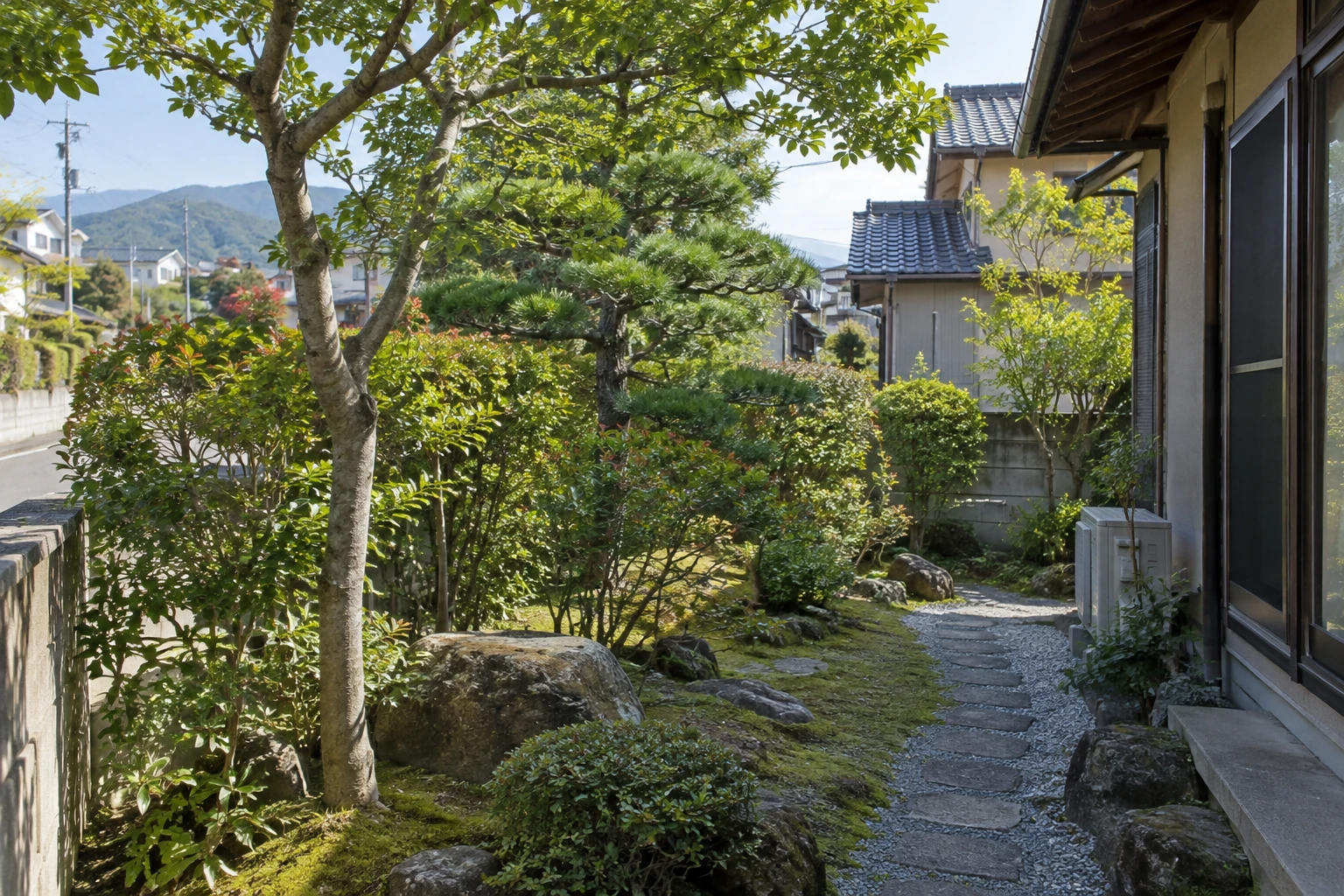 住宅の庭に立つ庭木と周囲の通路