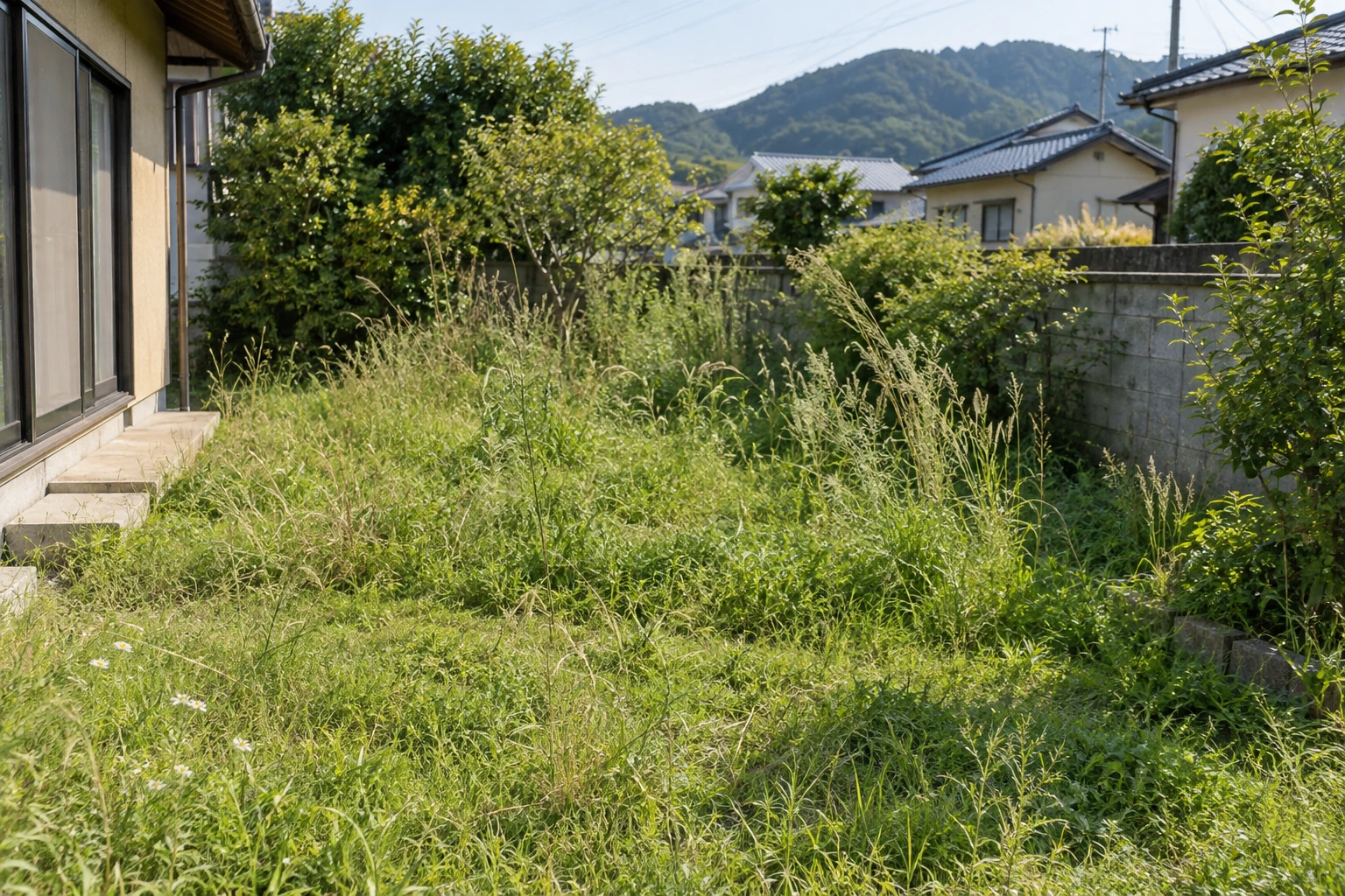 草丈が伸びた住宅の庭の草刈り対象範囲