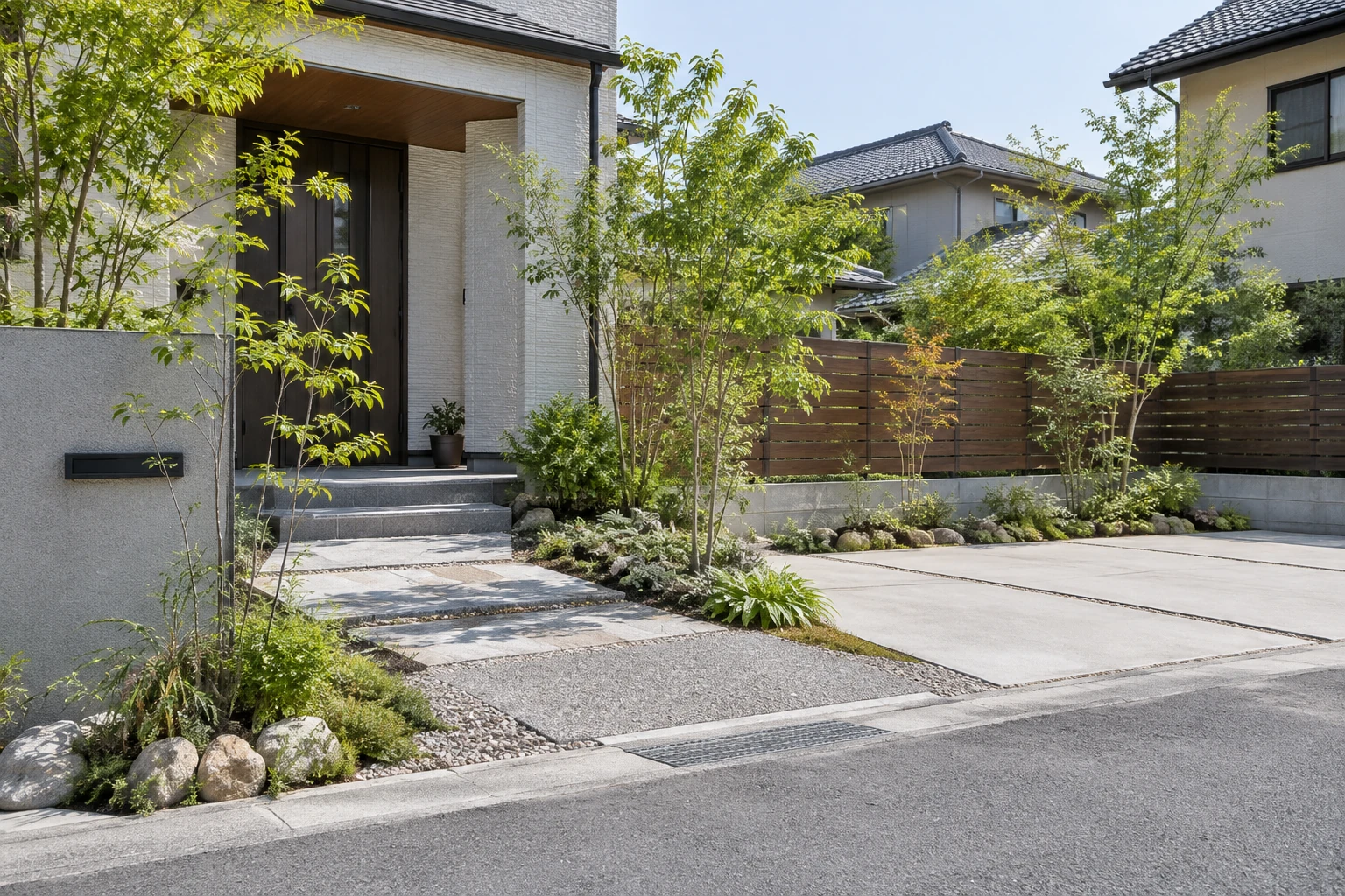 住宅の外まわりに舗装と植栽を組み合わせたエクステリア