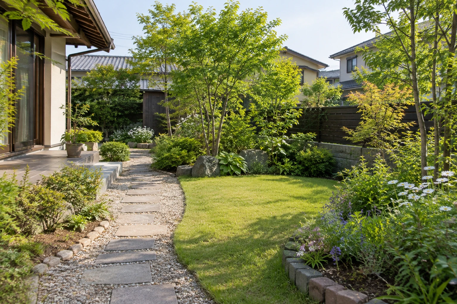 庭木と草地、花壇、通路がある住宅の庭の参考イメージ