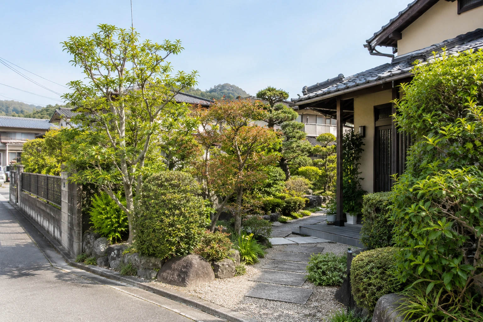 住宅の庭に植えられた庭木と通路