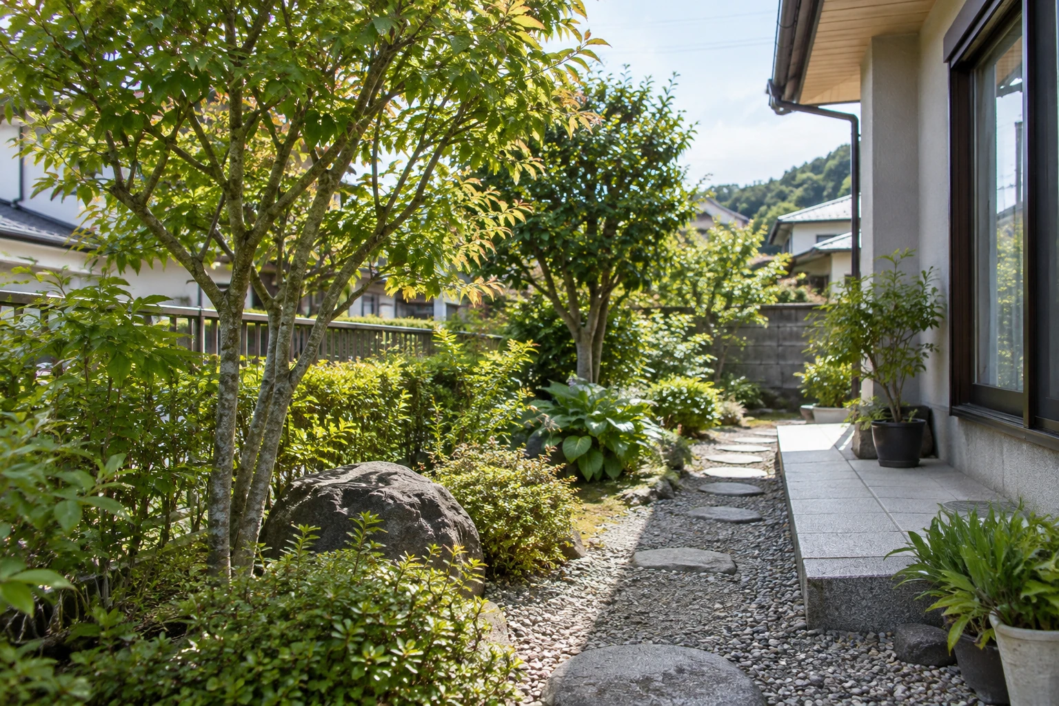 住宅の庭木と周囲の通路