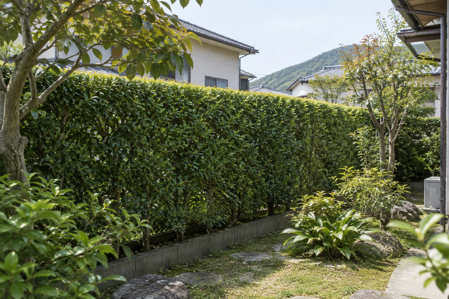 住宅の境界に沿って植えられた生垣