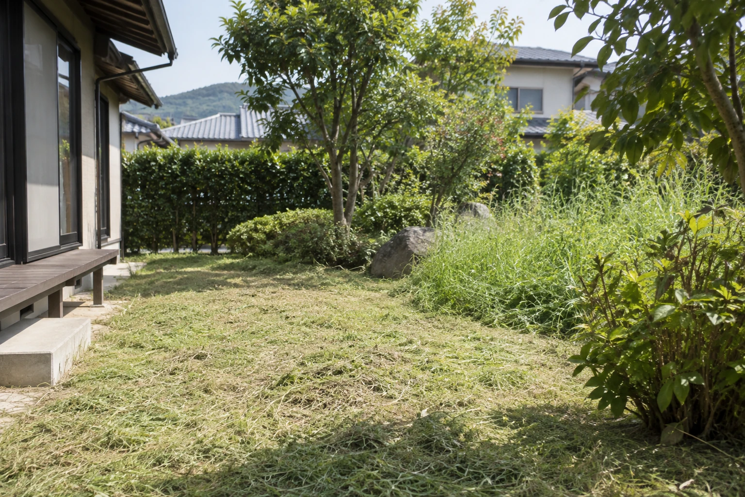 草刈り後に短く整った住宅の庭