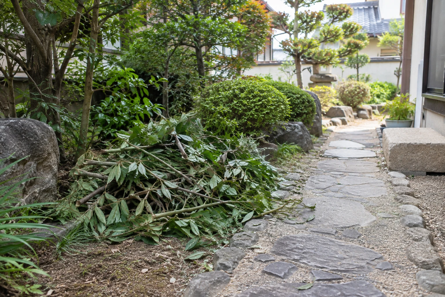 庭にまとめられた剪定枝と搬出経路