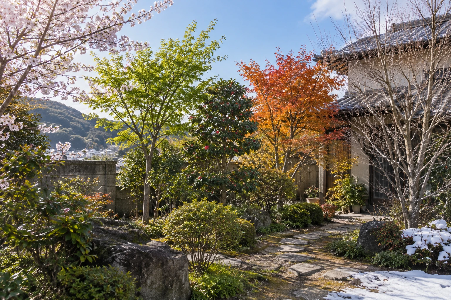季節の移り変わりが見える庭木の全景