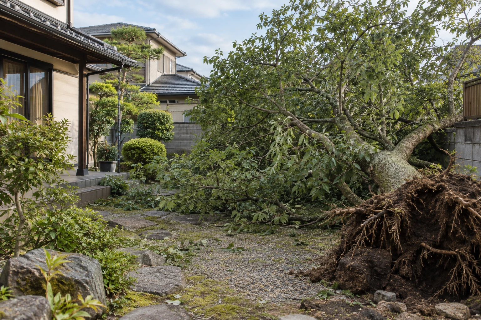 住宅敷地の倒木を離れた場所から見た参考イメージ