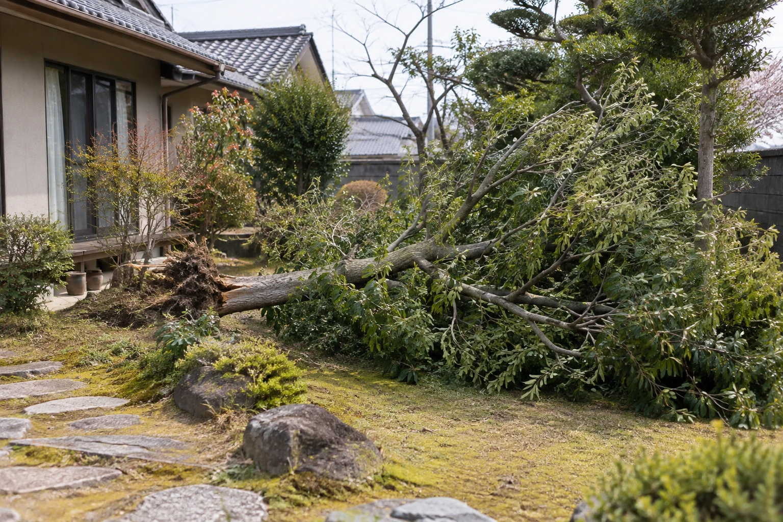 住宅の庭で倒れた木を安全な距離から見た様子