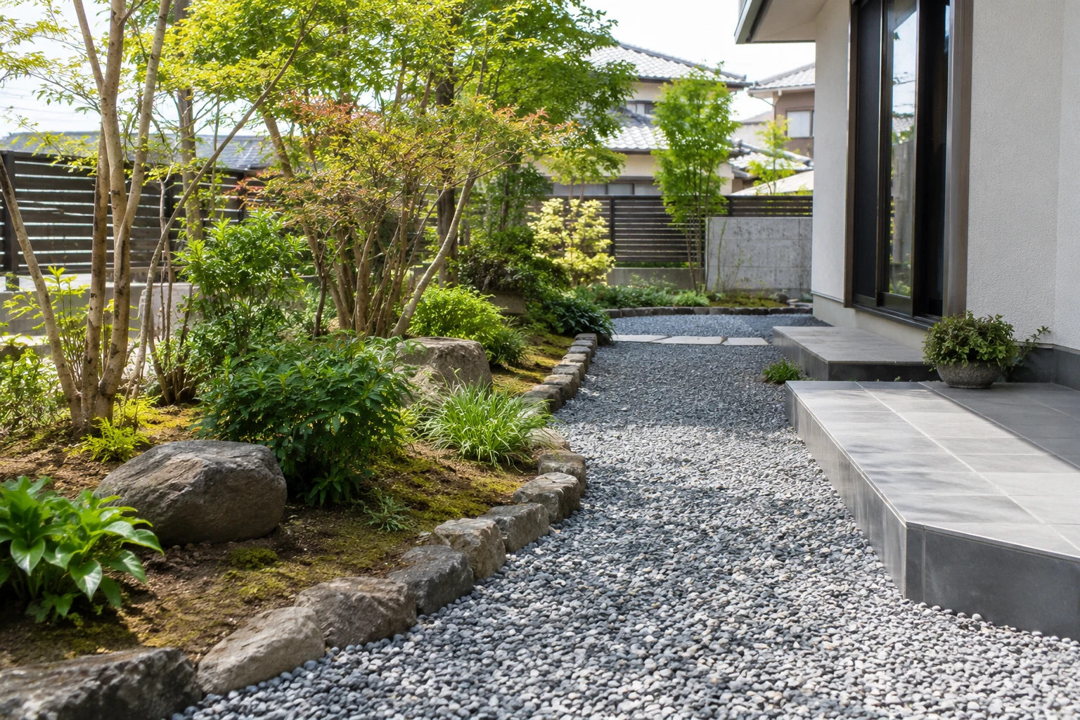 砂利の通路と植栽帯が分かれた庭のイメージ