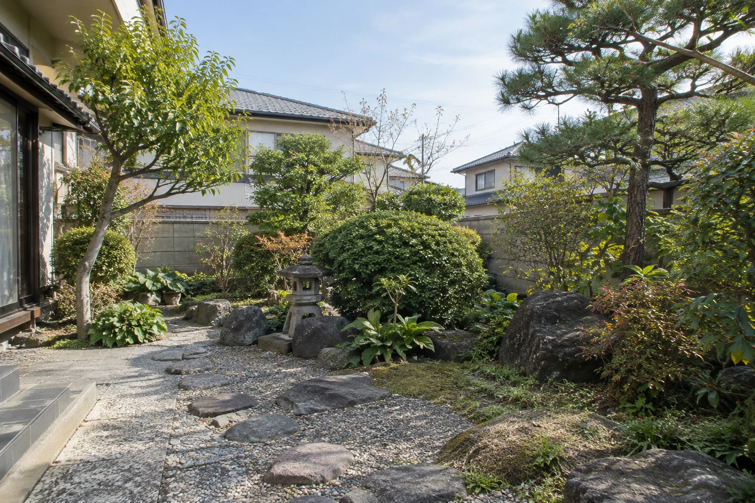 庭木と地面を見渡せる住宅の庭のイメージ
