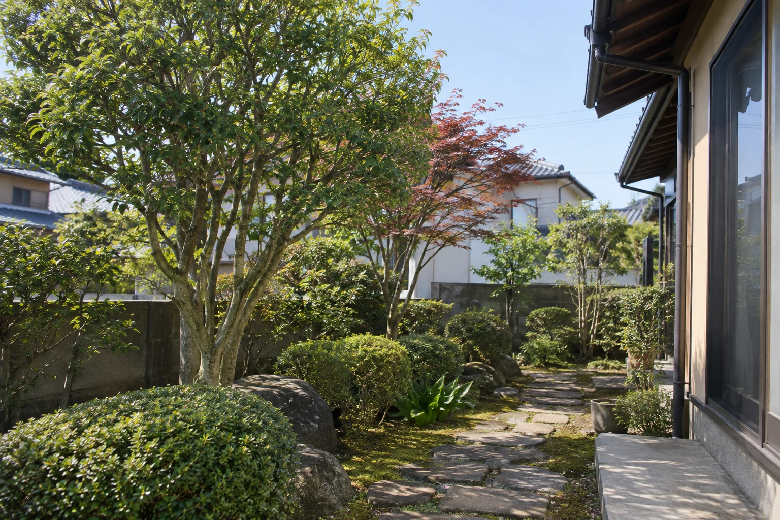 伐採する庭木と搬出に使う庭の通路