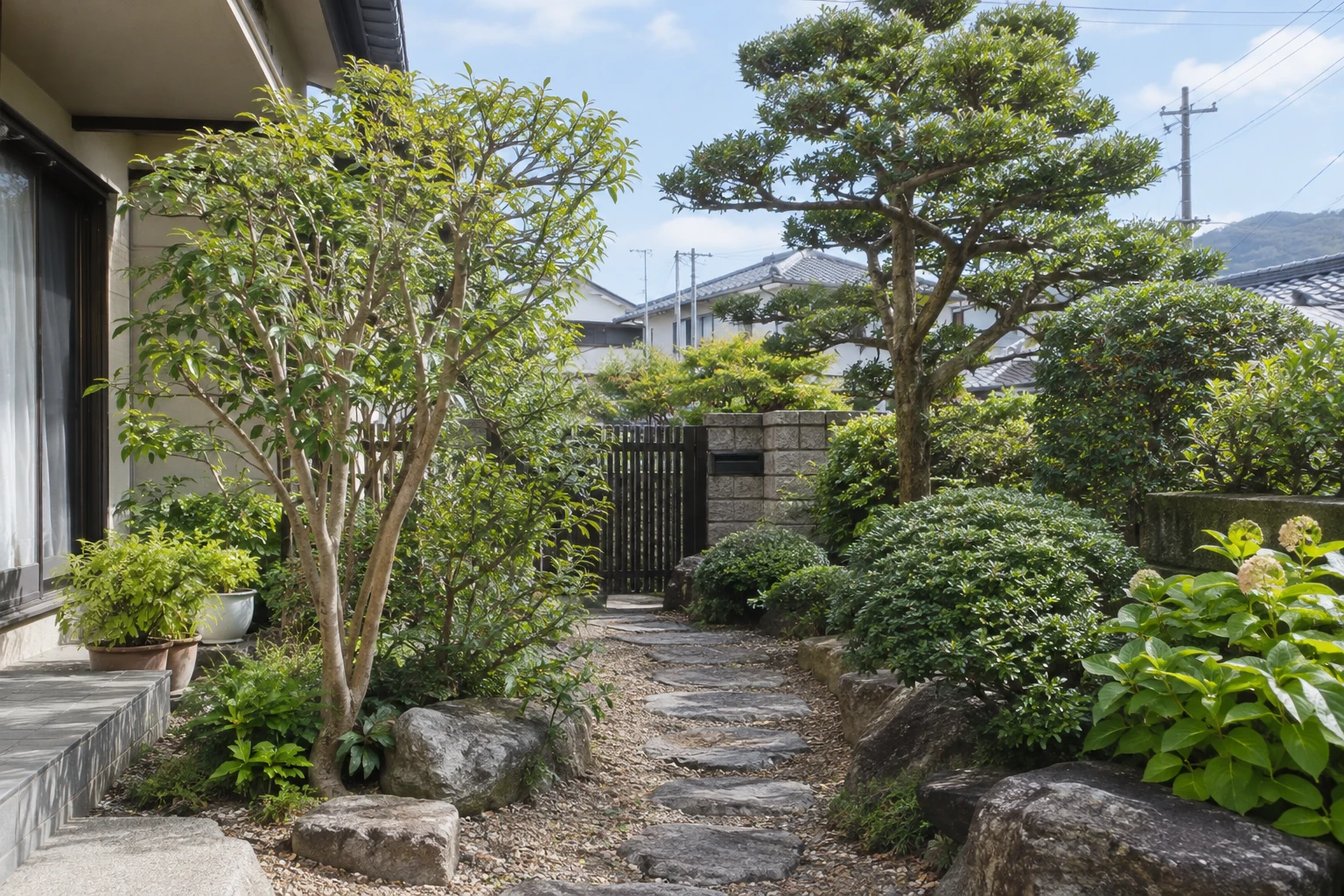 住宅の庭木と周囲の通路