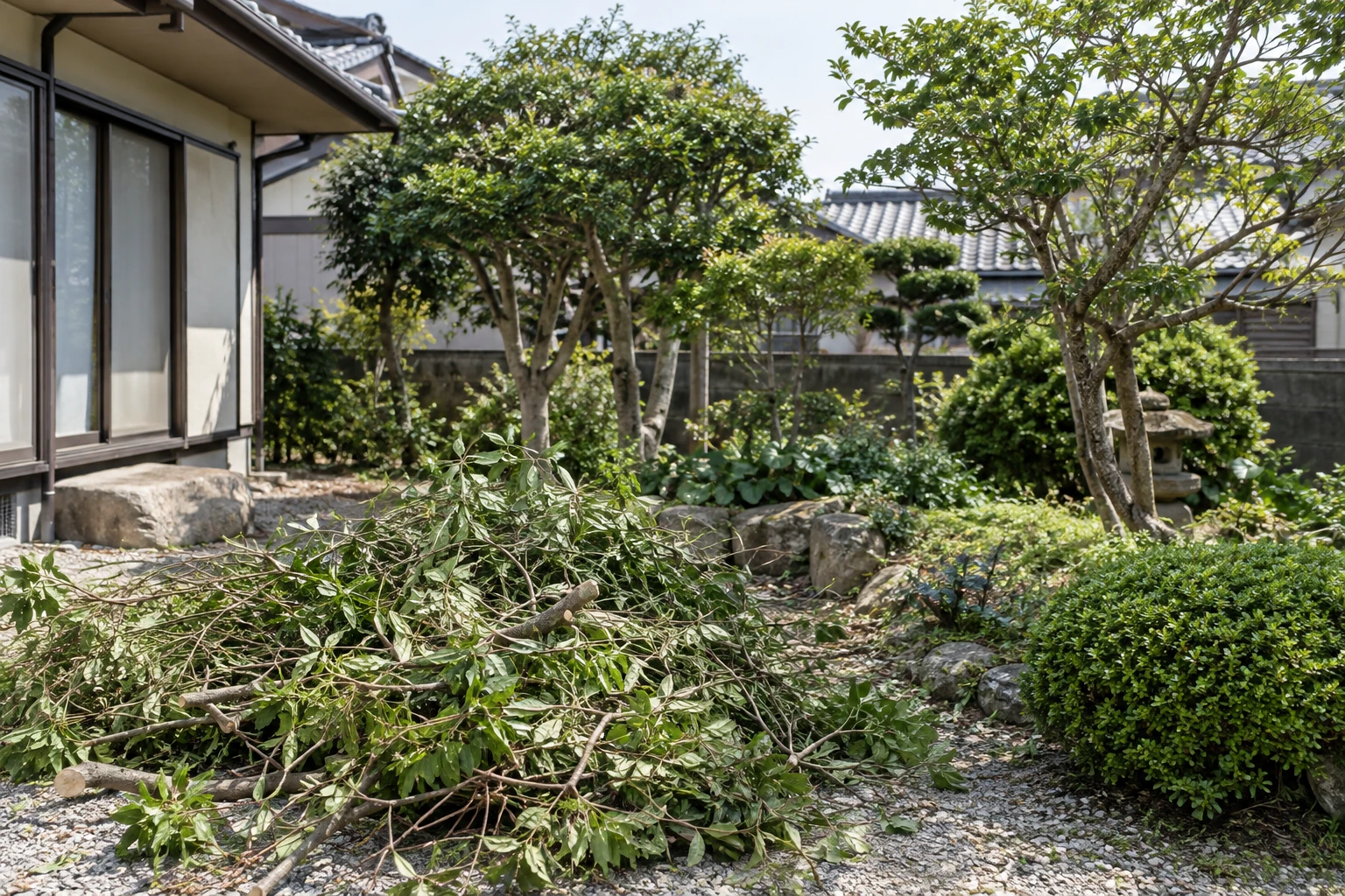 庭木と地面にまとめられた剪定枝
