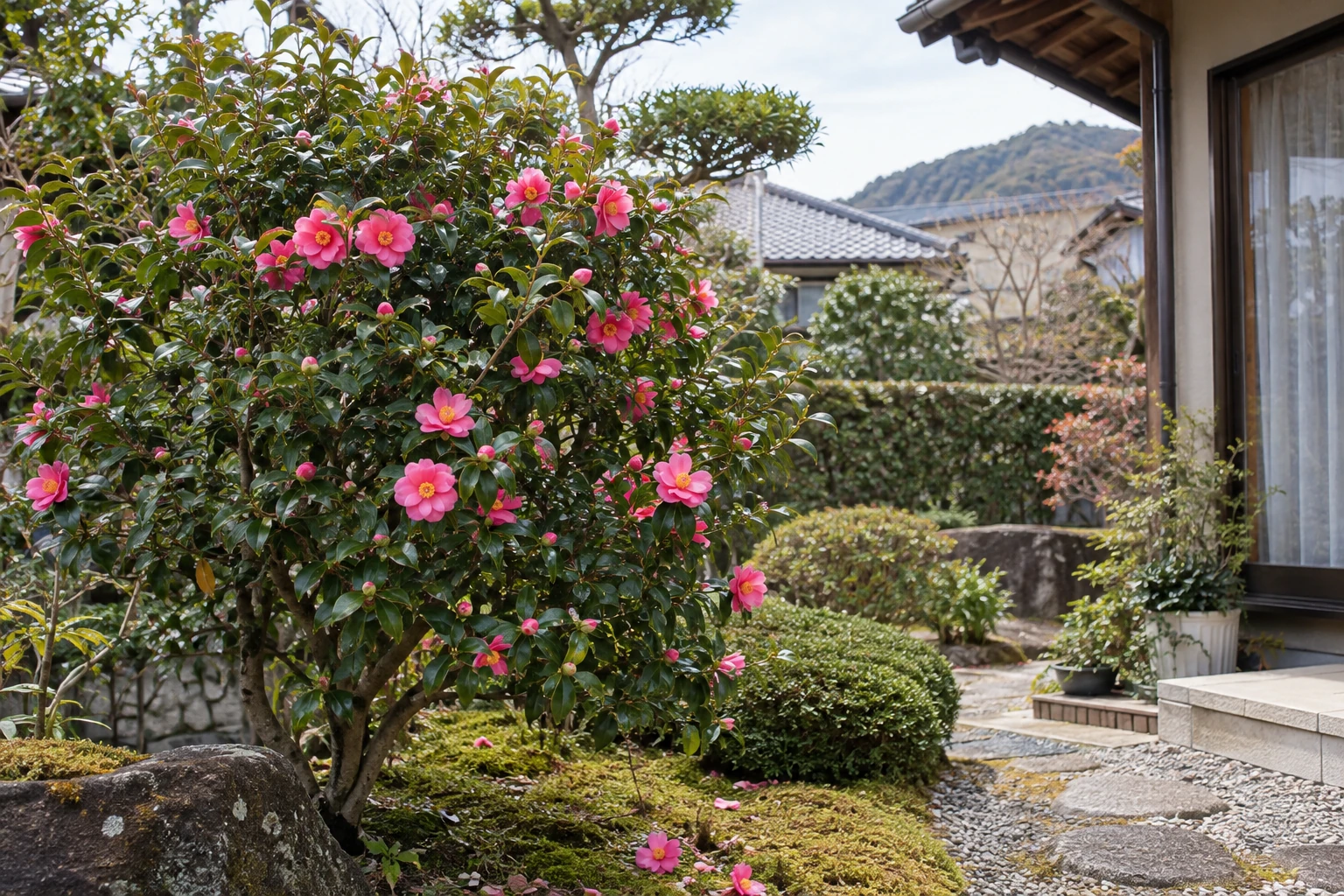 庭で花を咲かせるサザンカ
