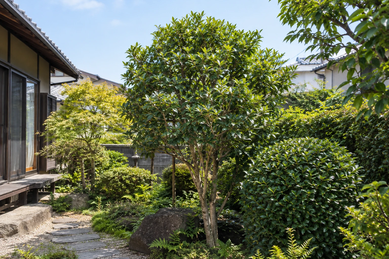 庭に植えられた常緑広葉樹
