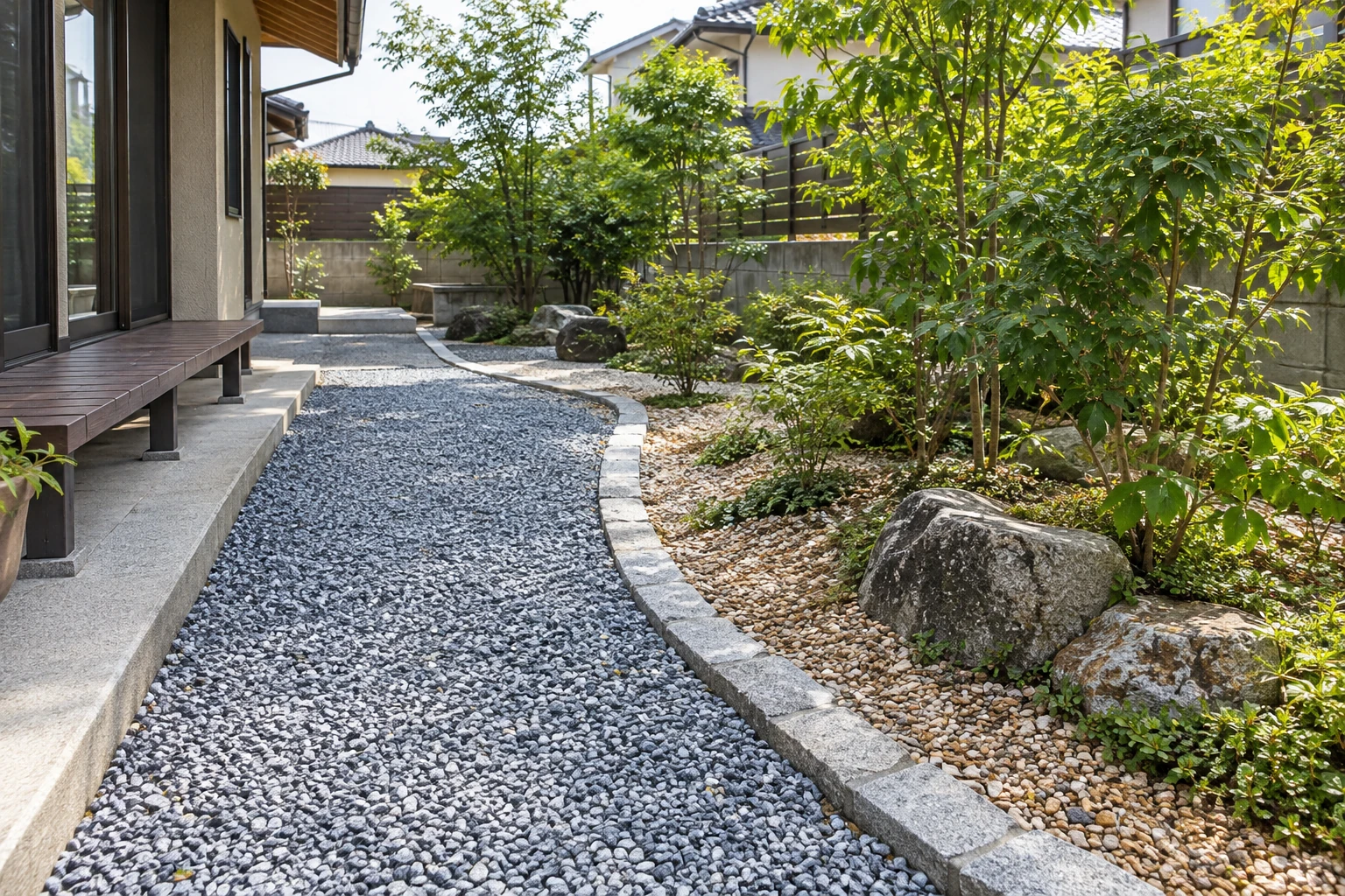 通路と植栽周りを分けた砂利の庭のイメージ