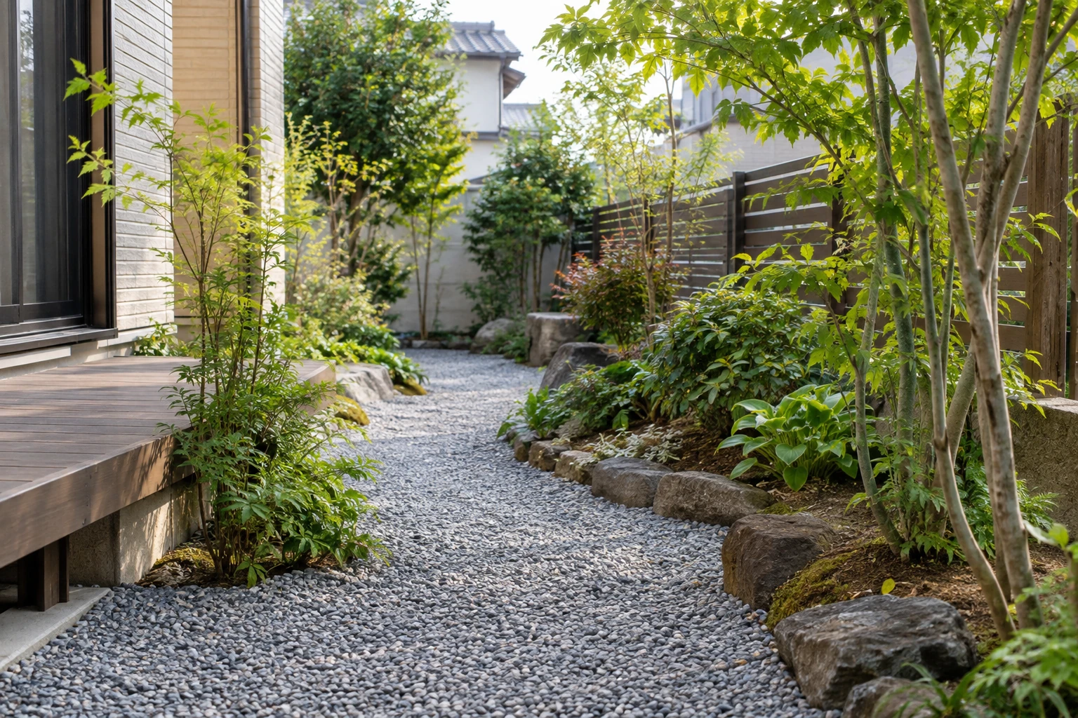 通路と植栽まわりに砂利を使った庭の参考イメージ